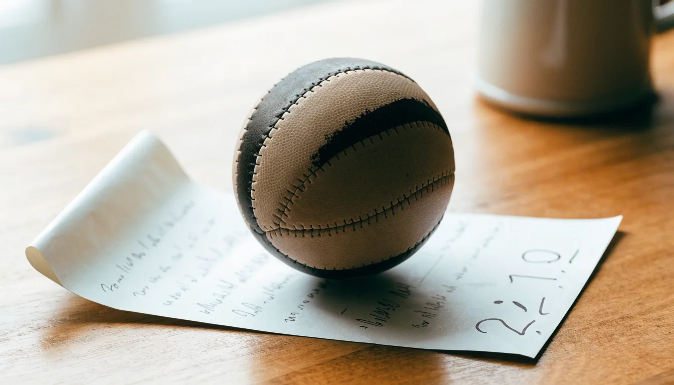 Un pallone da calcio appoggiato su una schedina bianca su un tavolo di legno, alla luce del giorno
