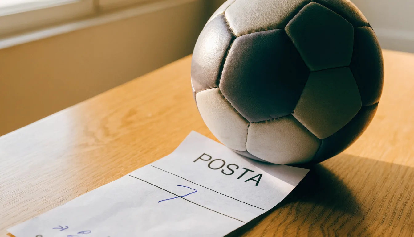 Un pallone da calcio appoggiato su una schedina bianca su un tavolo di legno, alla luce del giorno