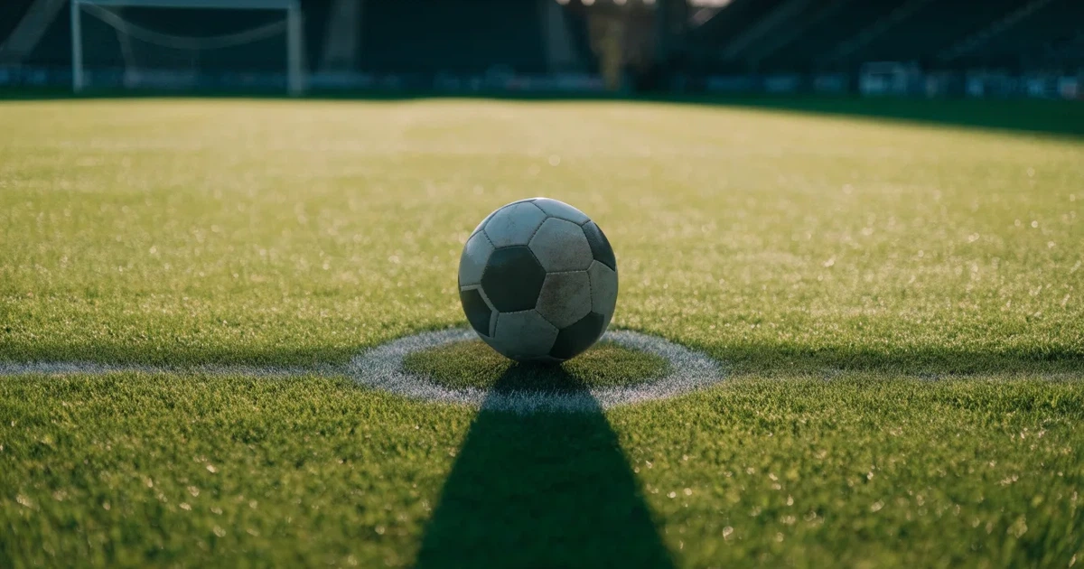 Un pallone da calcio sul dischetto del centrocampo di un prato, alla luce del mattino