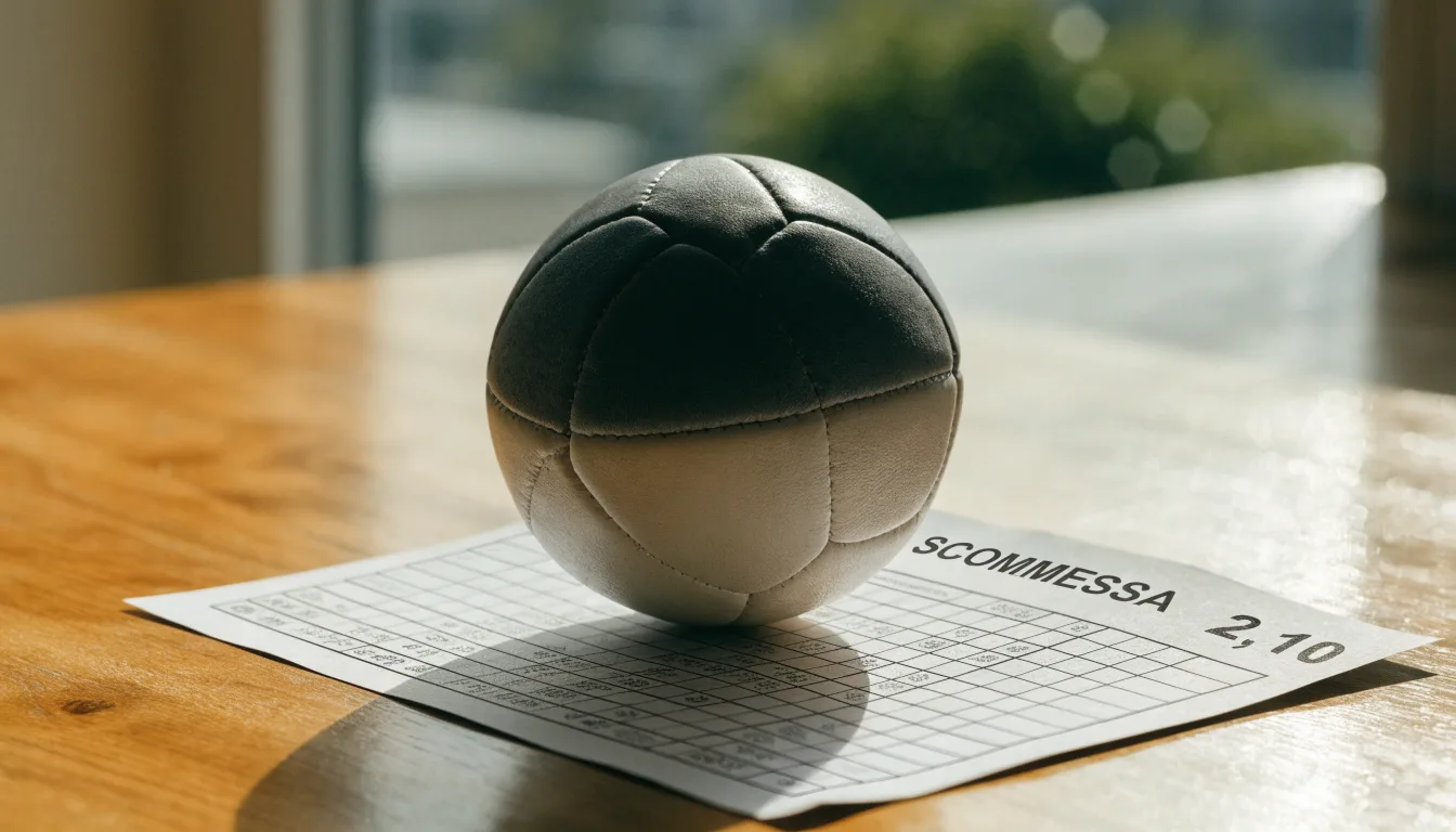 Un pallone da calcio appoggiato su una schedina bianca su un tavolo di legno, alla luce del giorno