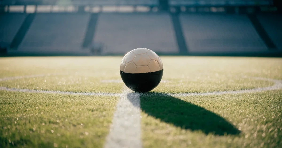 Un pallone da calcio sul dischetto del centrocampo di un prato, alla luce del mattino