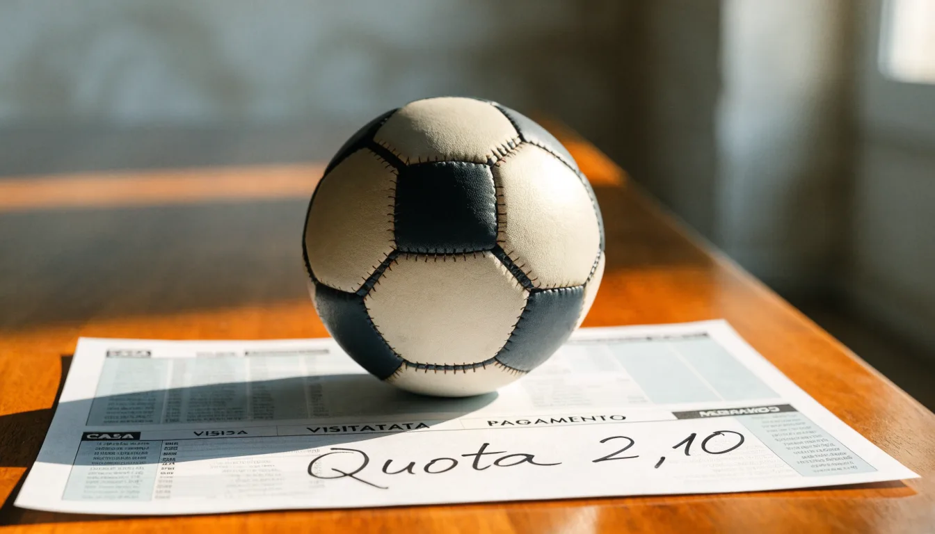 Un pallone da calcio appoggiato su una schedina bianca su un tavolo di legno, alla luce del giorno