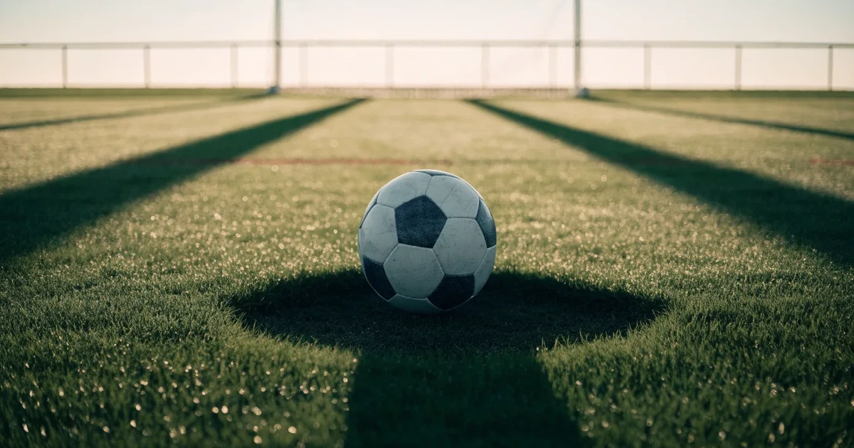Un pallone da calcio sul dischetto del centrocampo di un prato, alla luce del mattino