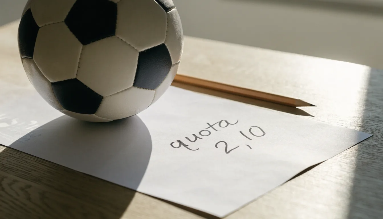 Un pallone da calcio appoggiato su una schedina bianca su un tavolo di legno, alla luce del giorno