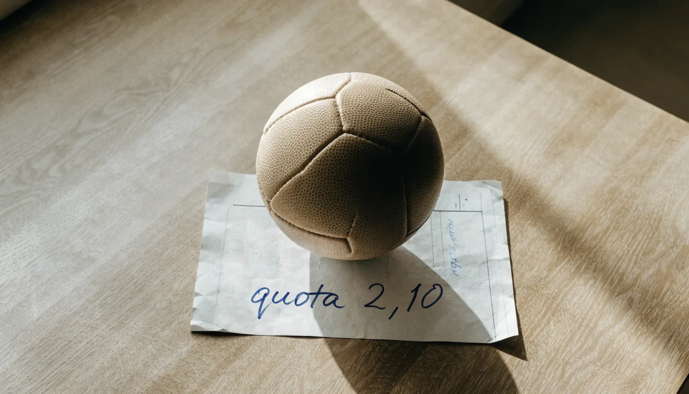 Un pallone da calcio appoggiato su una schedina bianca su un tavolo di legno, alla luce del giorno