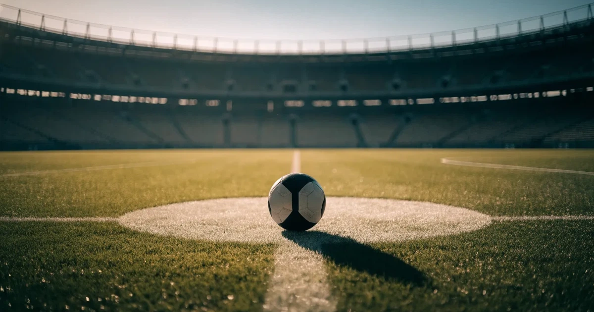 Un pallone da calcio sul dischetto del centrocampo di un prato, alla luce del mattino