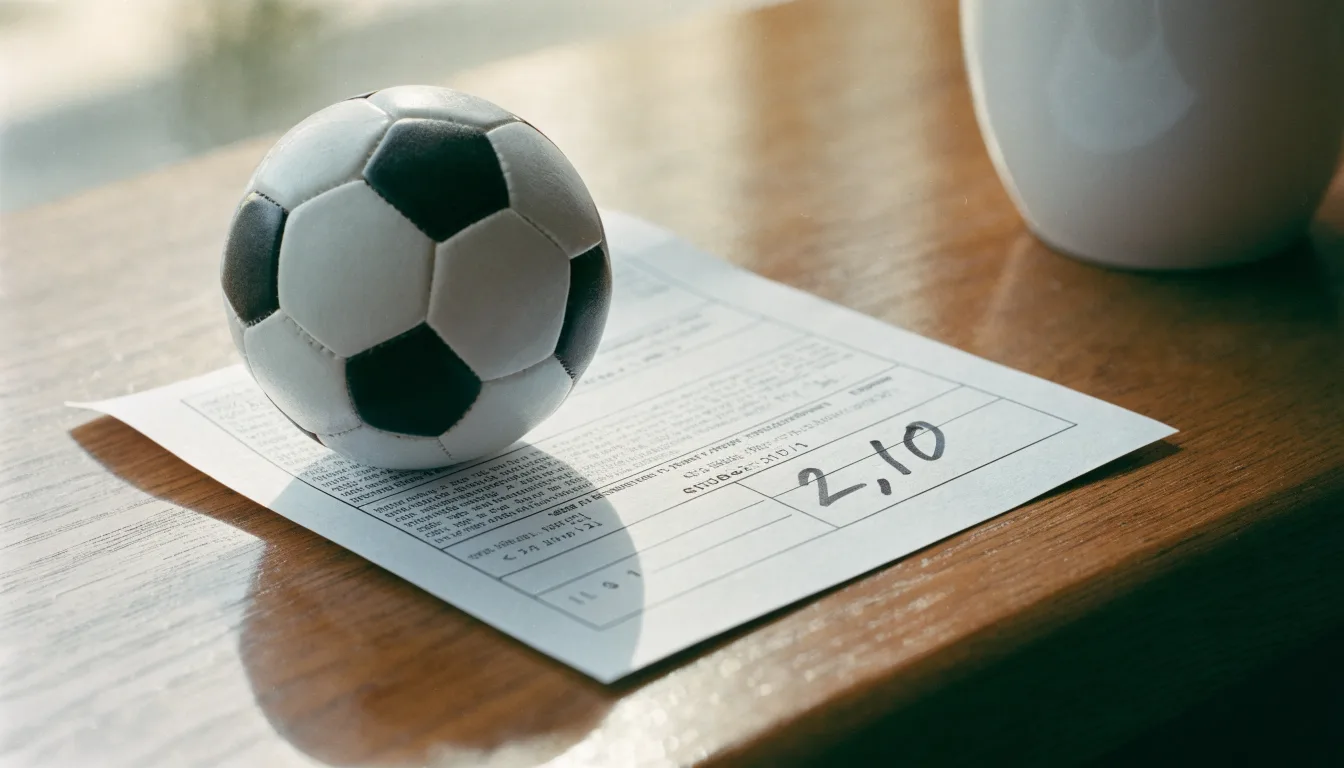 Un pallone da calcio appoggiato su una schedina bianca su un tavolo di legno, alla luce del giorno