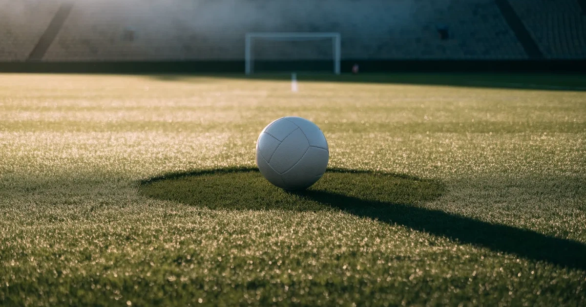 Un pallone da calcio sul dischetto del centrocampo di un prato, alla luce del mattino