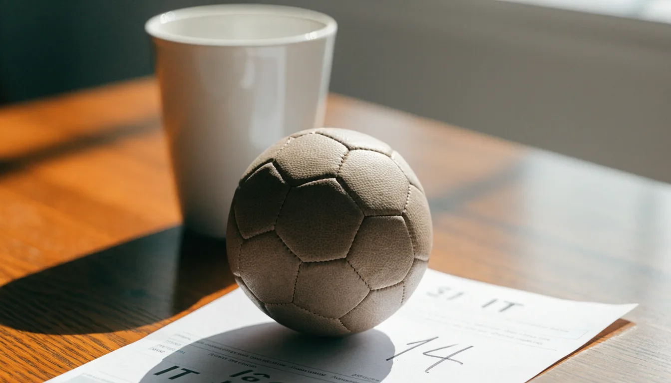 Un pallone da calcio appoggiato su una schedina bianca su un tavolo di legno, alla luce del giorno
