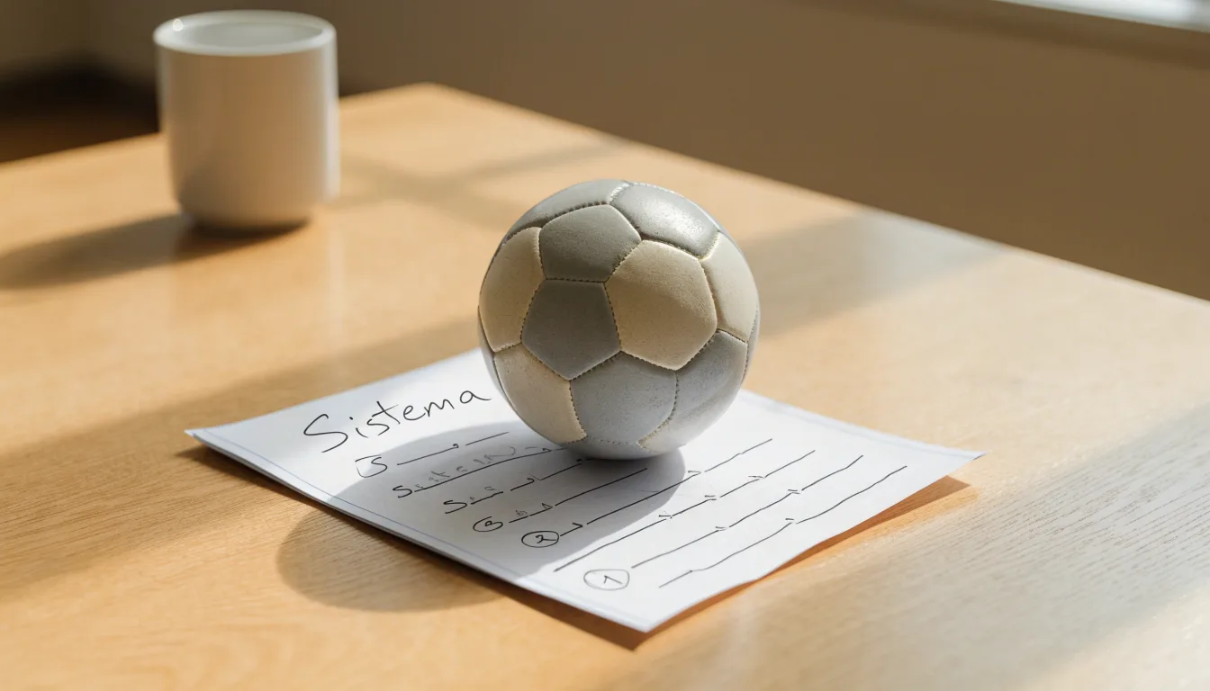Un pallone da calcio appoggiato su una schedina bianca su un tavolo di legno, alla luce del giorno