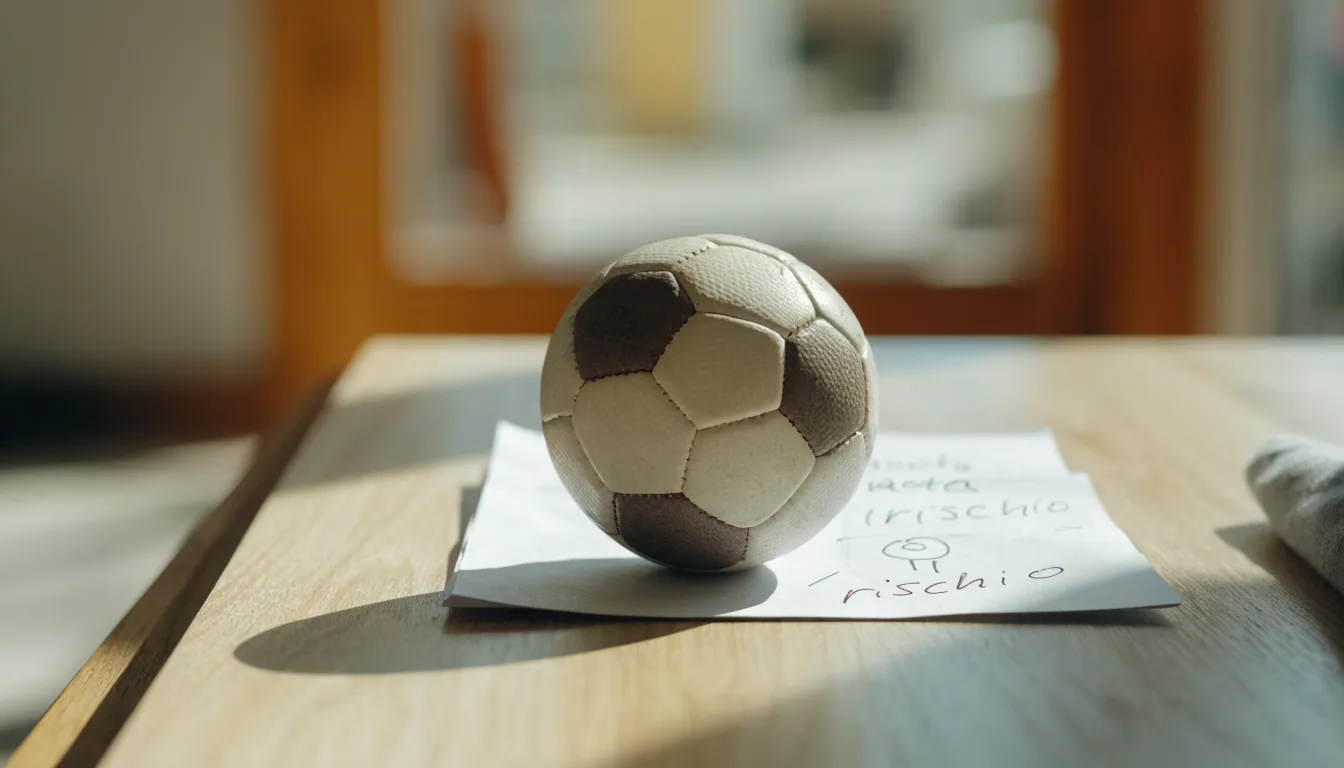 Un pallone da calcio appoggiato su una schedina bianca su un tavolo di legno, alla luce del giorno