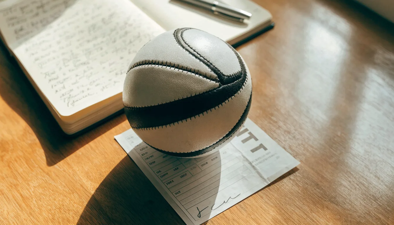 Un pallone da calcio appoggiato su una schedina bianca su un tavolo di legno, alla luce del giorno