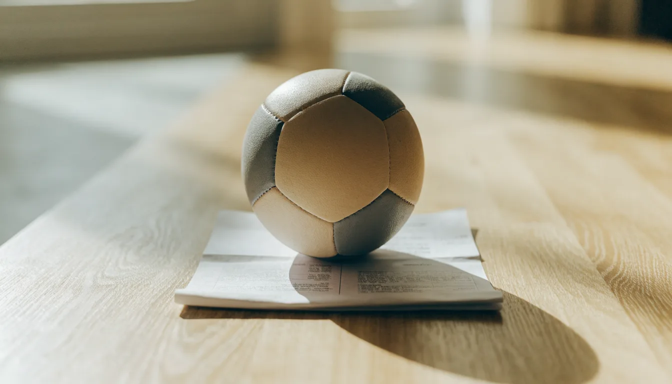 Un pallone da calcio appoggiato su una schedina bianca su un tavolo di legno, alla luce del giorno