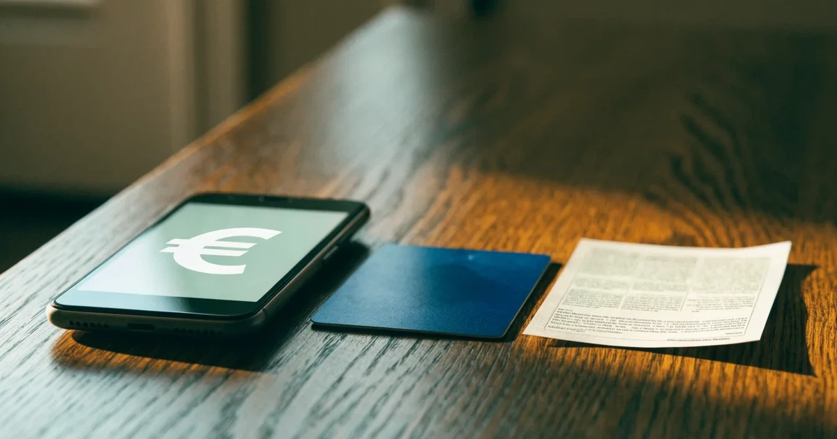 Uno smartphone e una carta di pagamento affiancati su un tavolo di legno, con alcune banconote da euro accanto