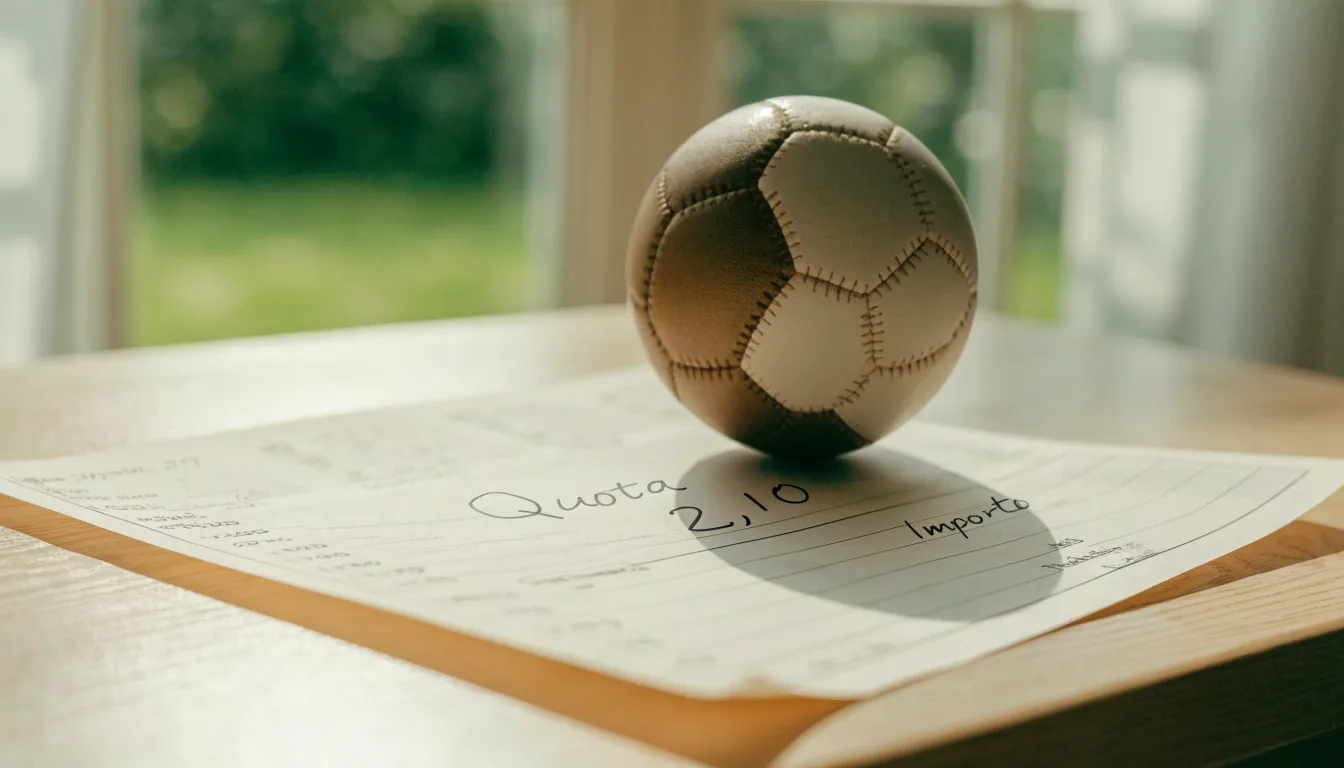 Un pallone da calcio appoggiato su una schedina bianca su un tavolo di legno, alla luce del giorno