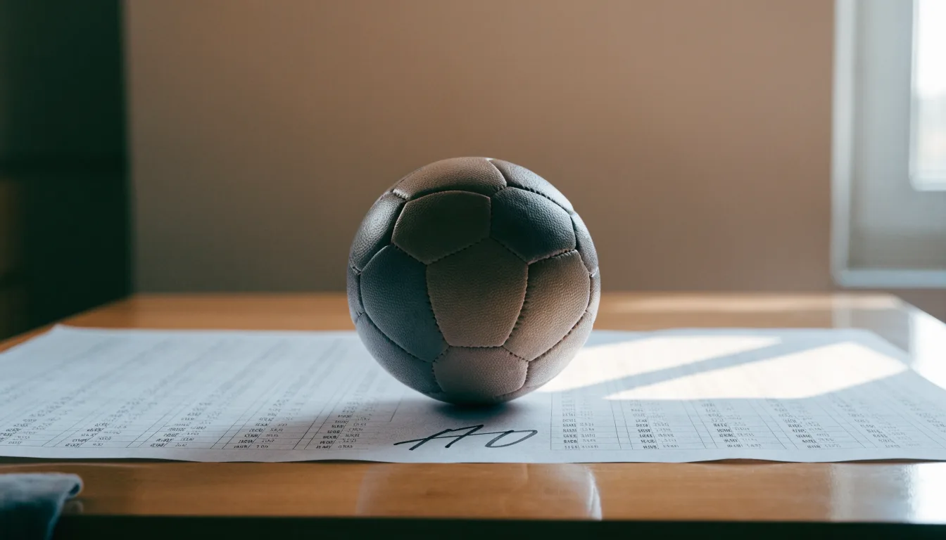 Un pallone da calcio appoggiato su una schedina bianca su un tavolo di legno, alla luce del giorno