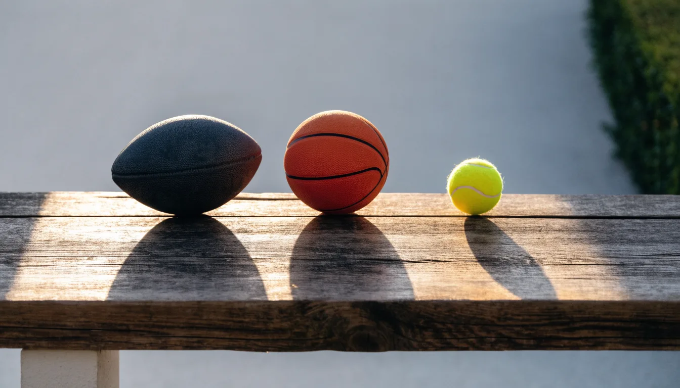 Tre palloni di sport diversi allineati uno accanto all'altro su una panca di legno