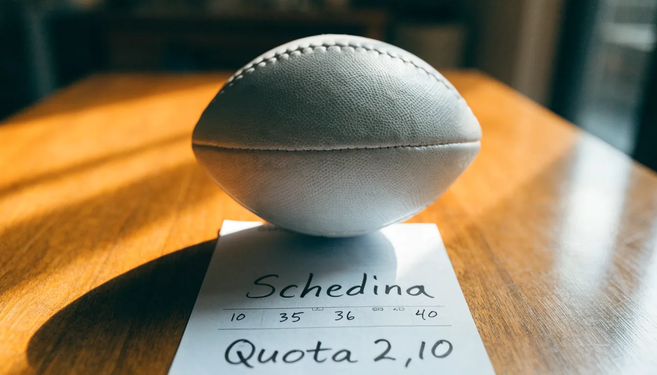 Un pallone da calcio appoggiato su una schedina bianca su un tavolo di legno, alla luce del giorno