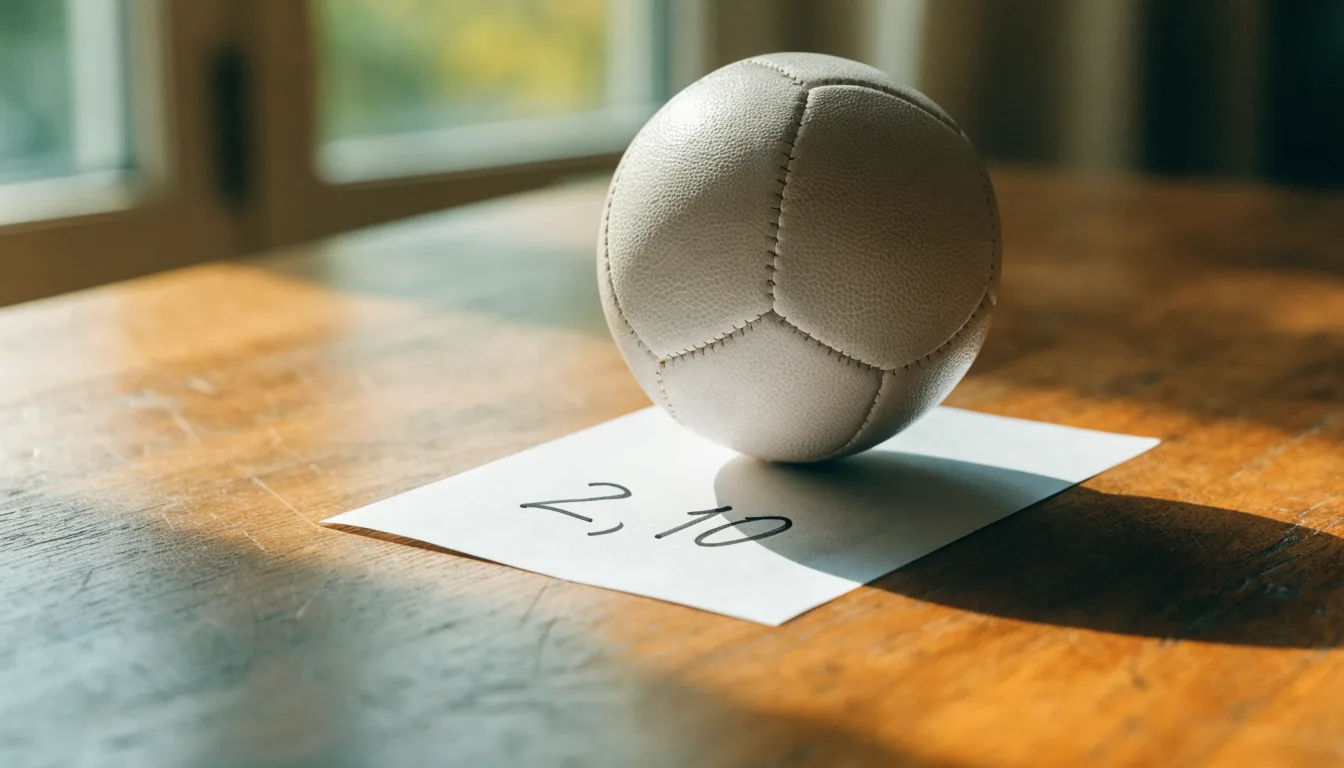 Un pallone da calcio appoggiato su una schedina bianca su un tavolo di legno, alla luce del giorno