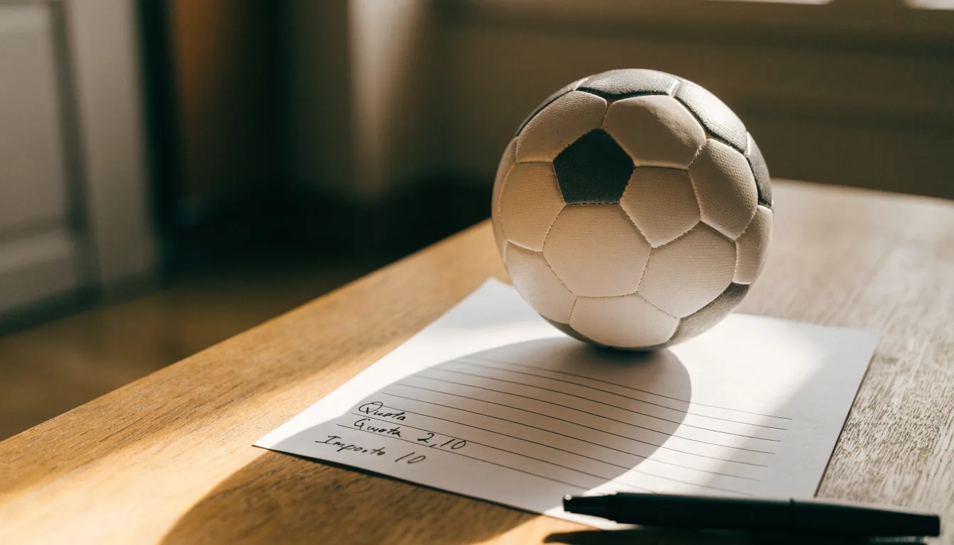Un pallone da calcio appoggiato su una schedina bianca su un tavolo di legno, alla luce del giorno