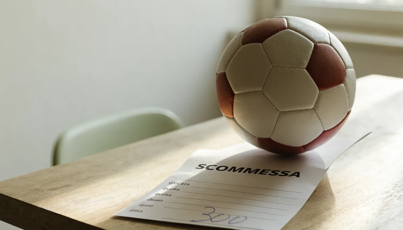 Un pallone da calcio appoggiato su una schedina bianca su un tavolo di legno, alla luce del giorno