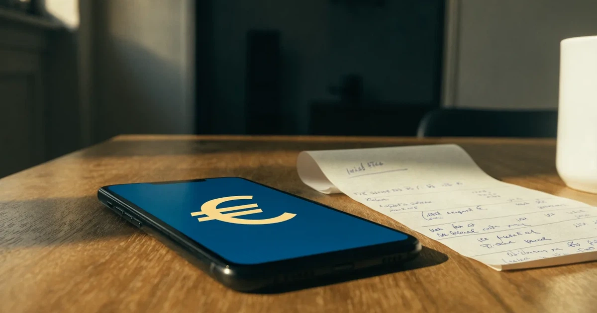 Uno smartphone e una carta di pagamento affiancati su un tavolo di legno, con alcune banconote da euro accanto
