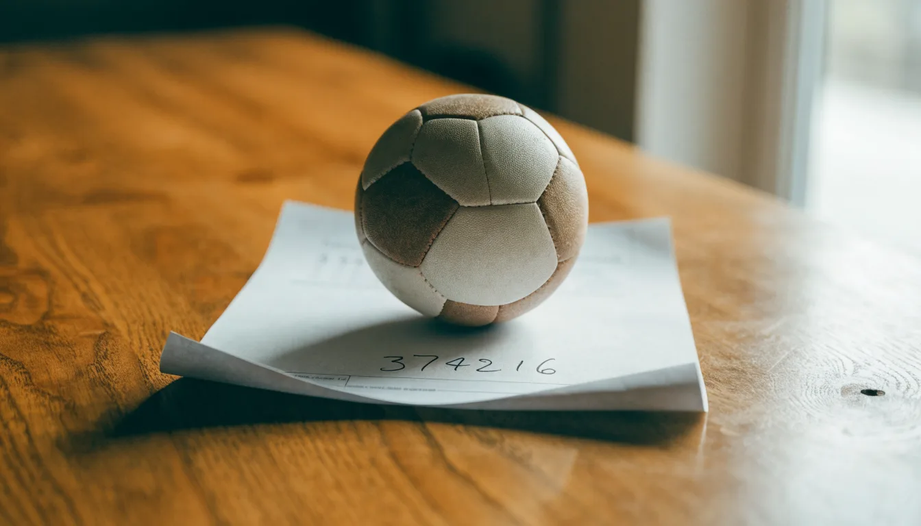 Un pallone da calcio appoggiato su una schedina bianca su un tavolo di legno, alla luce del giorno