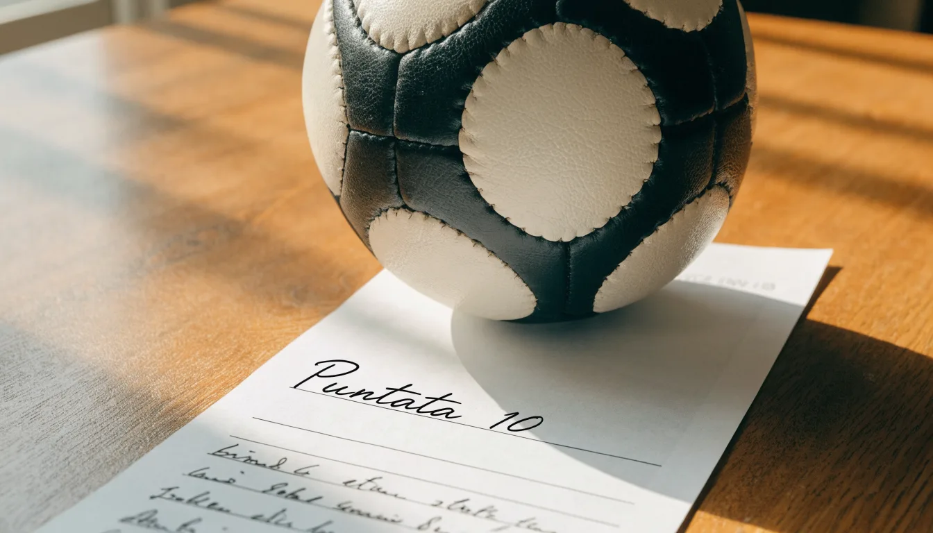 Un pallone da calcio appoggiato su una schedina bianca su un tavolo di legno, alla luce del giorno