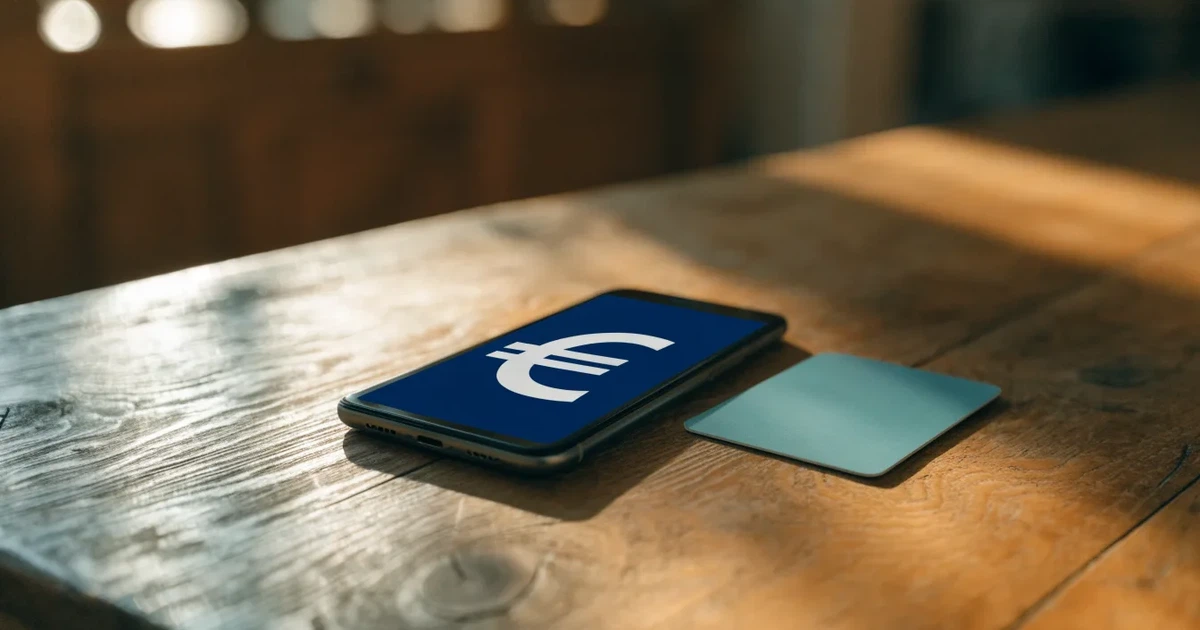 Uno smartphone e una carta di pagamento affiancati su un tavolo di legno, con alcune banconote da euro accanto