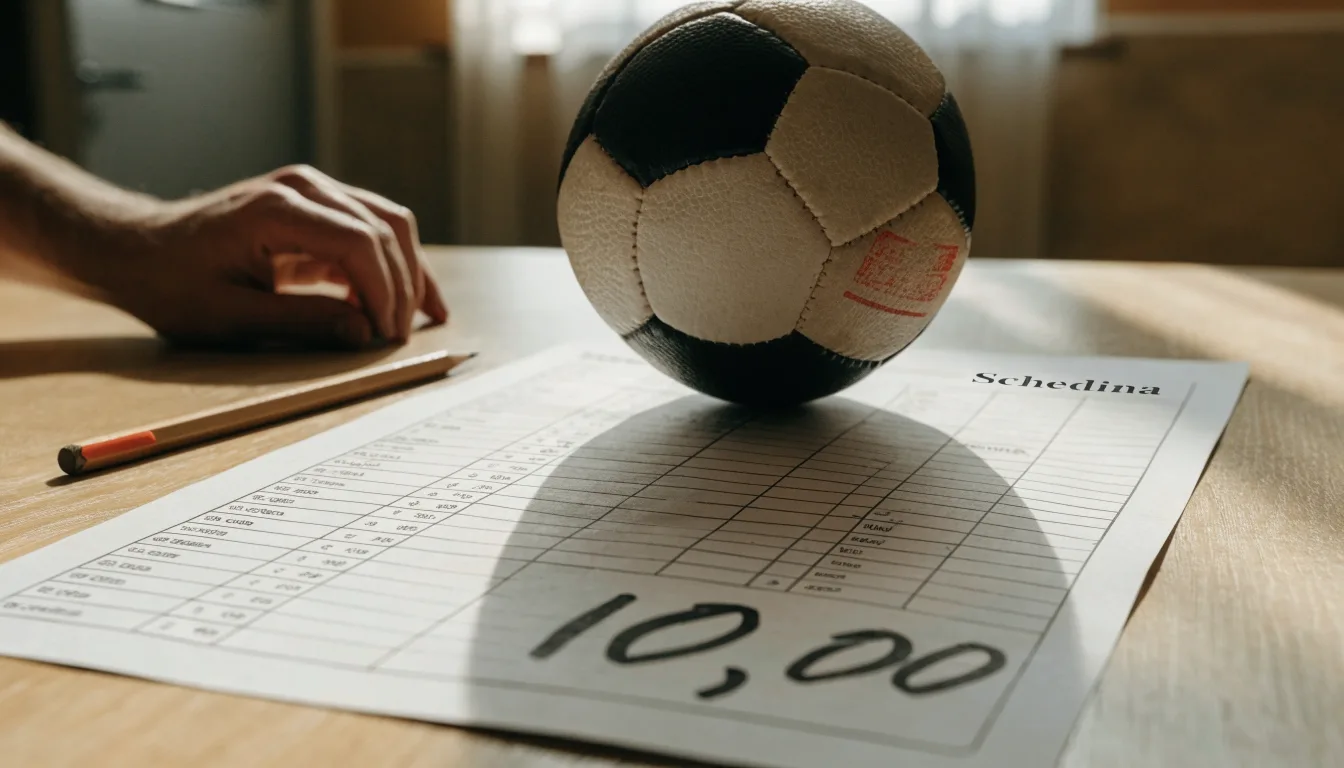 Un pallone da calcio appoggiato su una schedina bianca su un tavolo di legno, alla luce del giorno