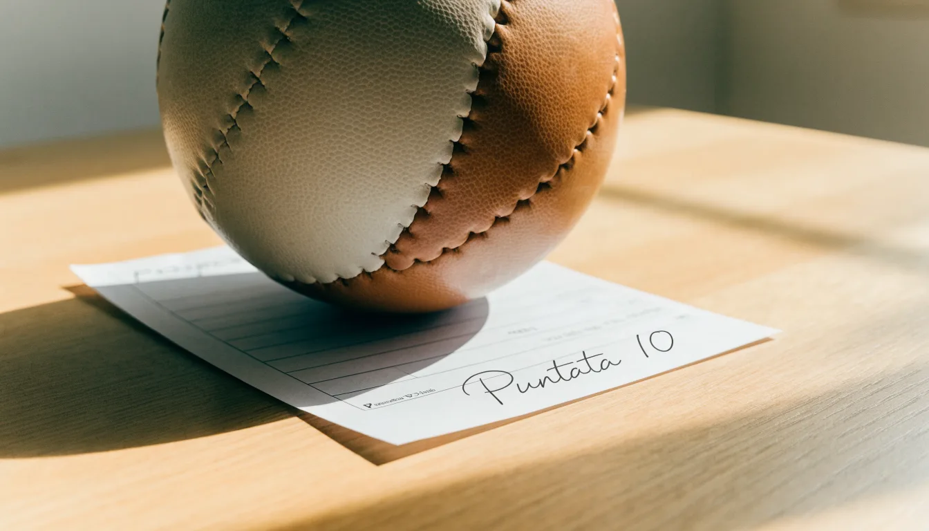 Un pallone da calcio appoggiato su una schedina bianca su un tavolo di legno, alla luce del giorno