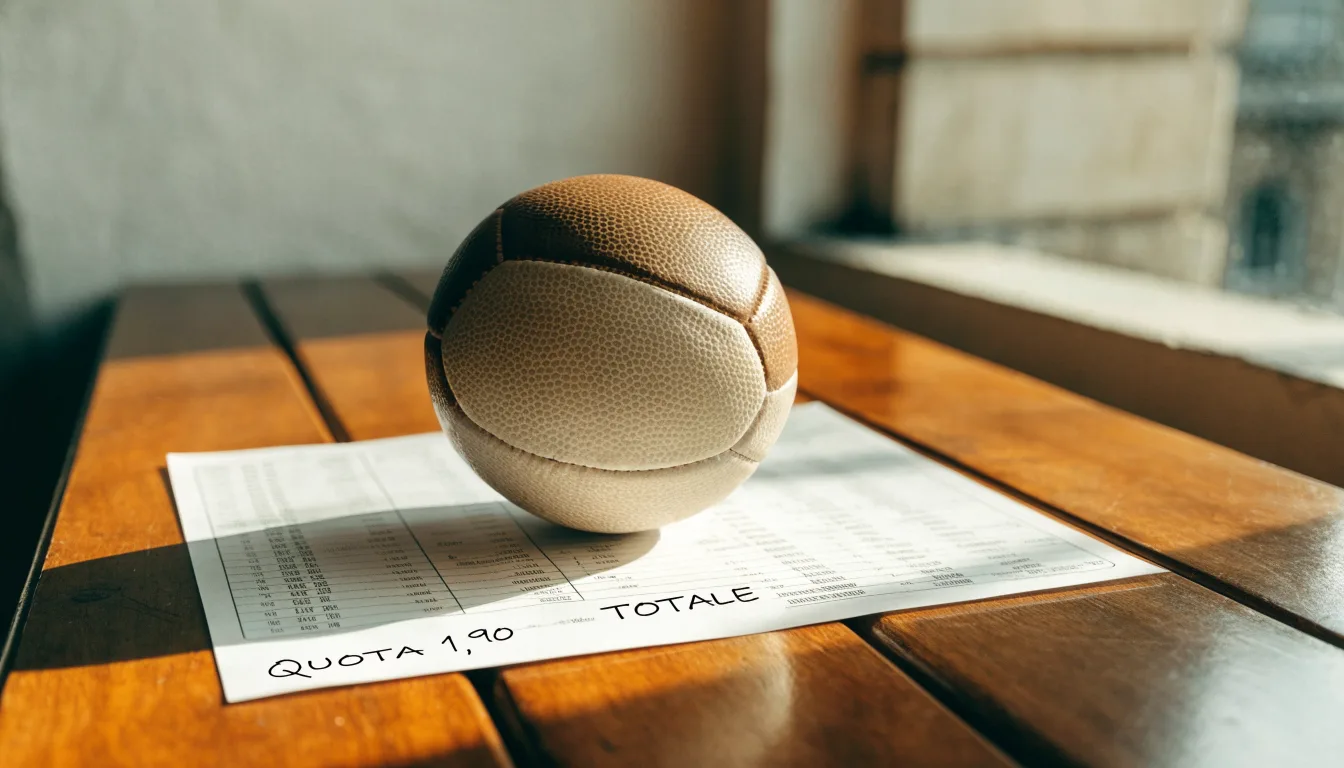 Un pallone da calcio appoggiato su una schedina bianca su un tavolo di legno, alla luce del giorno