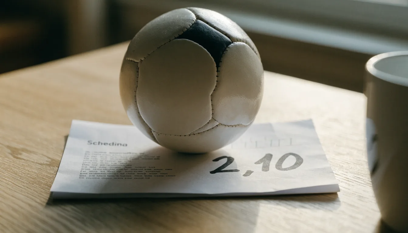 Un pallone da calcio appoggiato su una schedina bianca su un tavolo di legno, alla luce del giorno