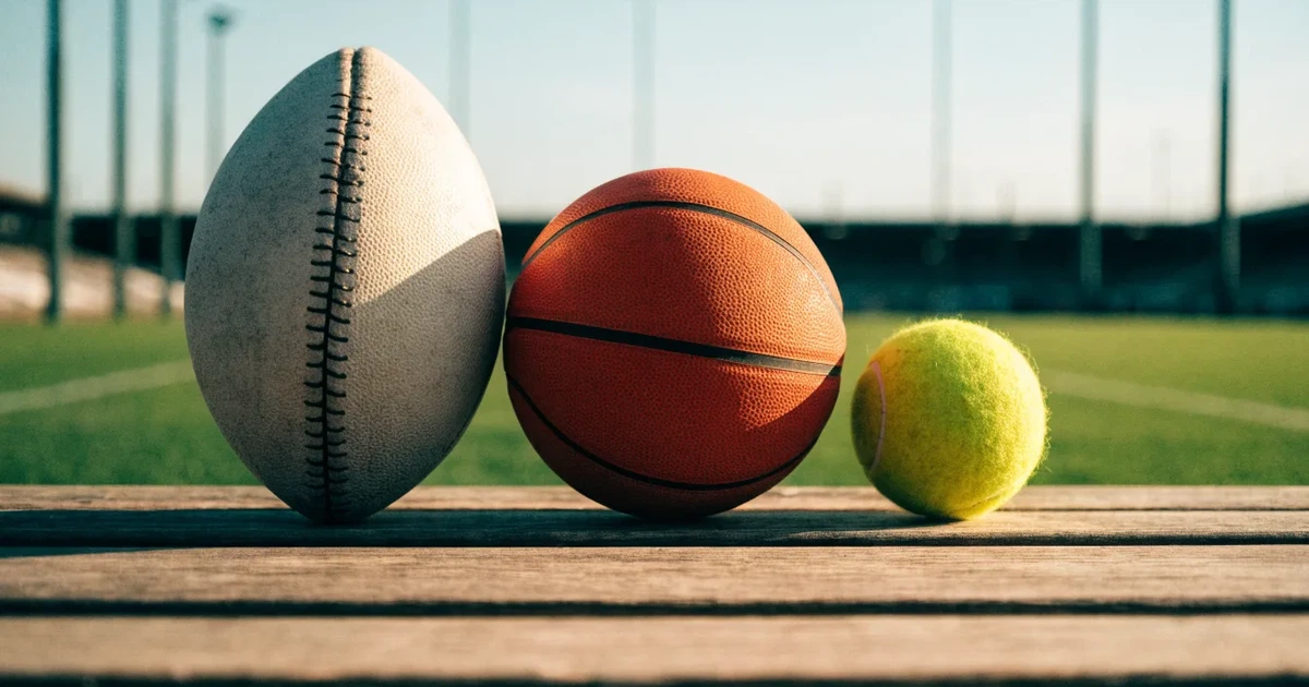 Tre palloni di sport diversi allineati uno accanto all'altro su una panca di legno