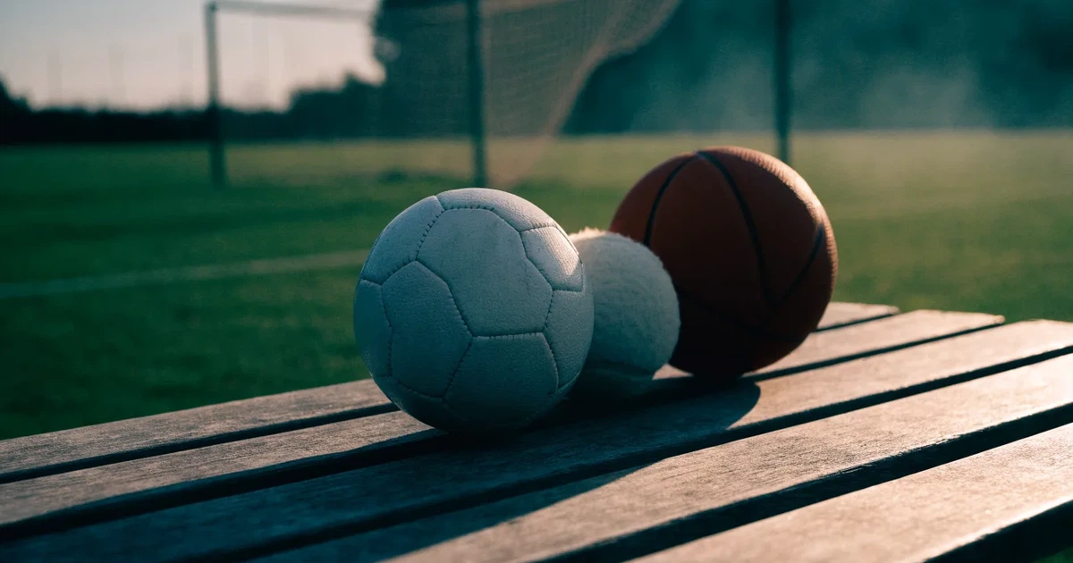 Tre palloni di sport diversi allineati uno accanto all'altro su una panca di legno