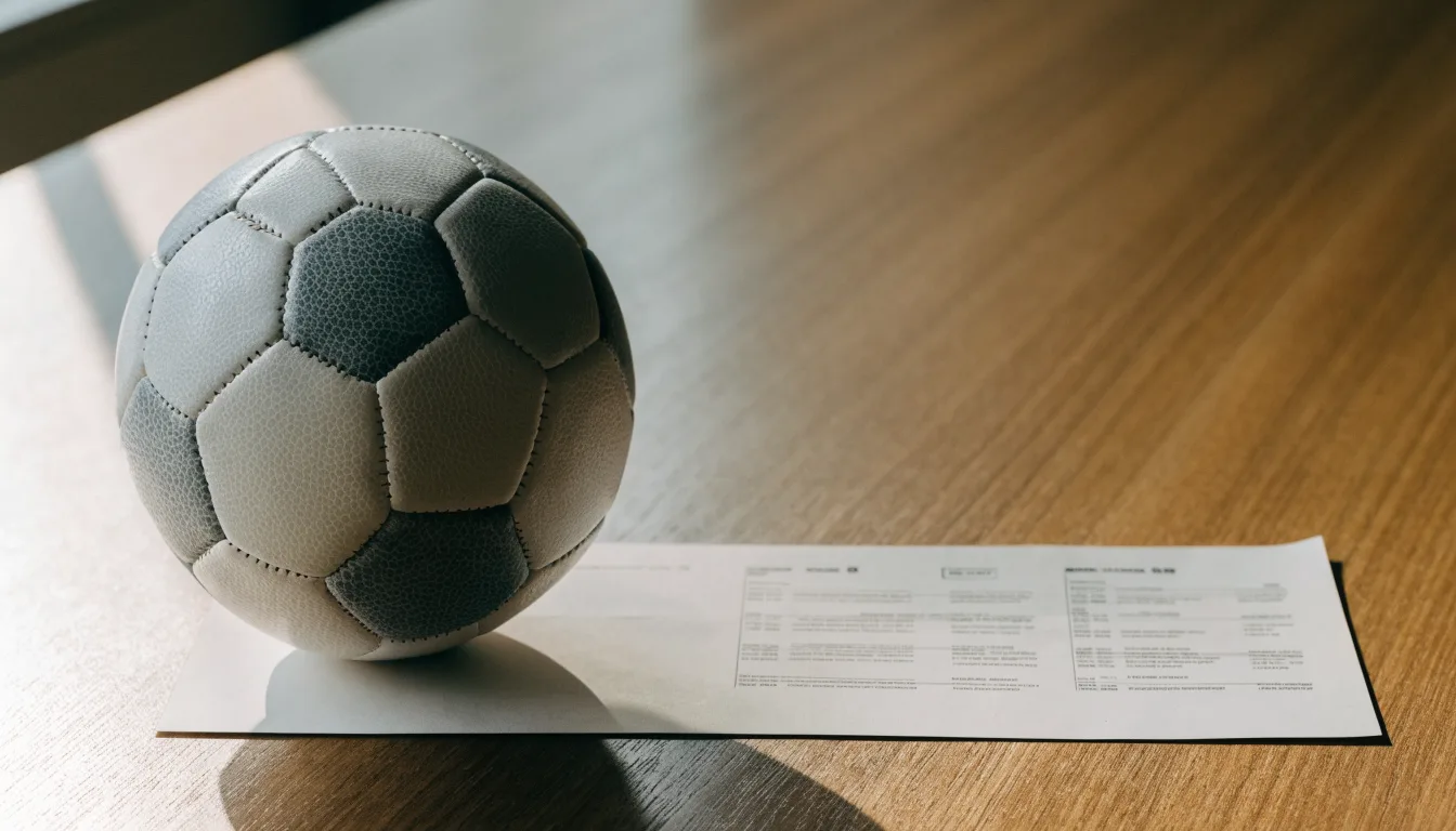 Un pallone da calcio appoggiato su una schedina bianca su un tavolo di legno, alla luce del giorno