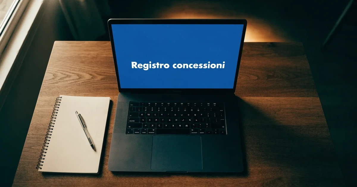 Un foglio di concessione in carta con un timbro rosso, appoggiato su una scrivania di legno accanto a una penna