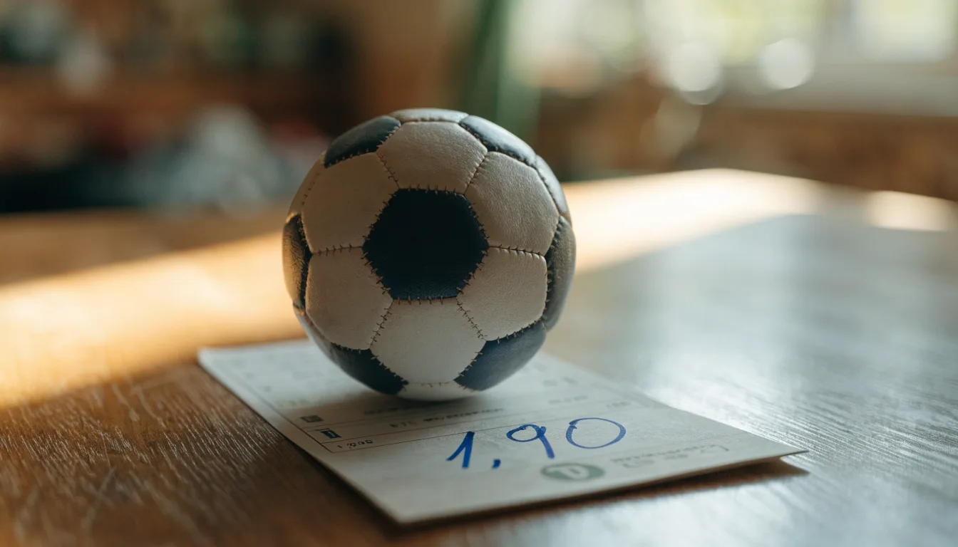 Un pallone da calcio appoggiato su una schedina bianca su un tavolo di legno, alla luce del giorno