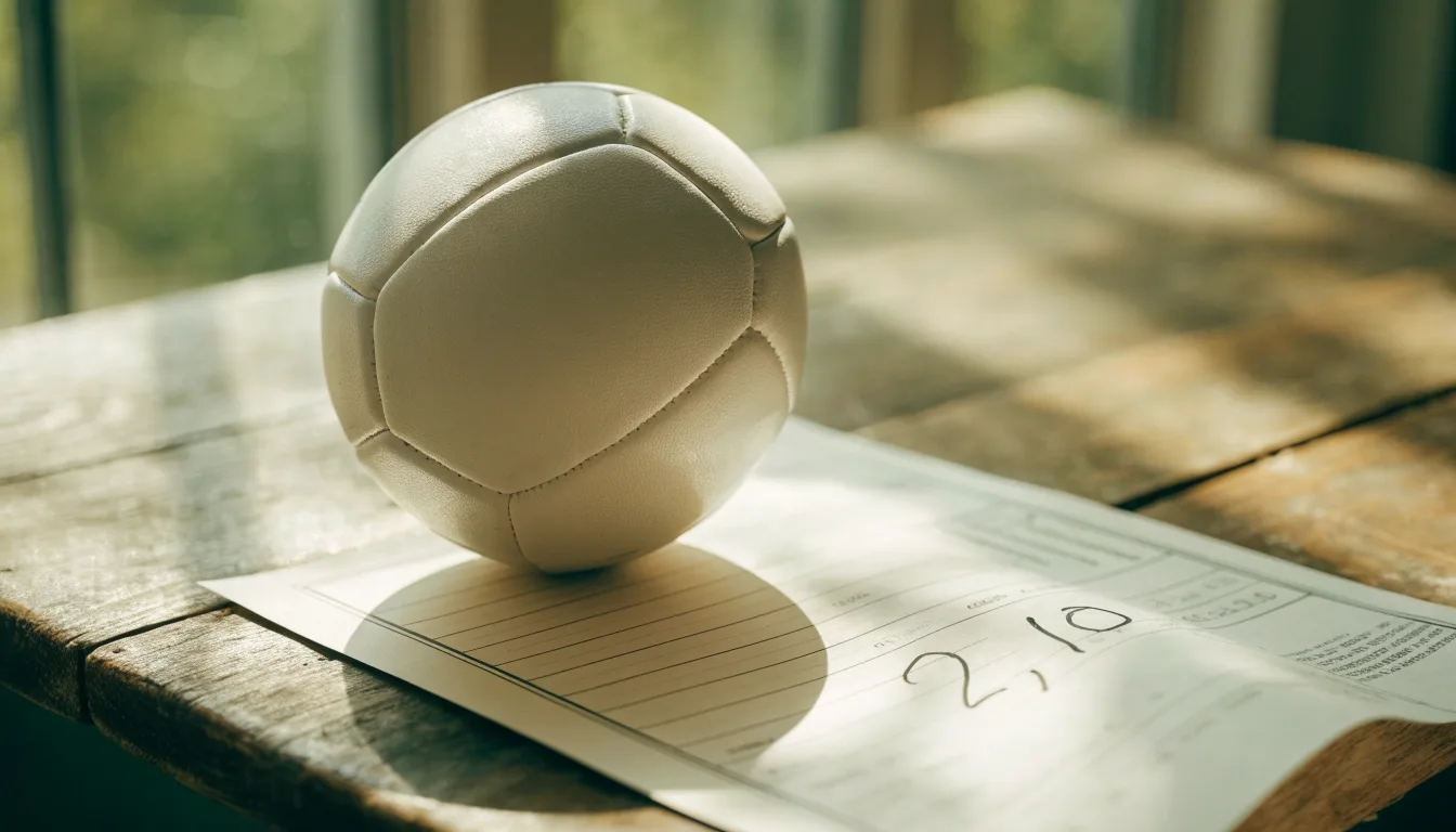 Un pallone da calcio appoggiato su una schedina bianca su un tavolo di legno, alla luce del giorno