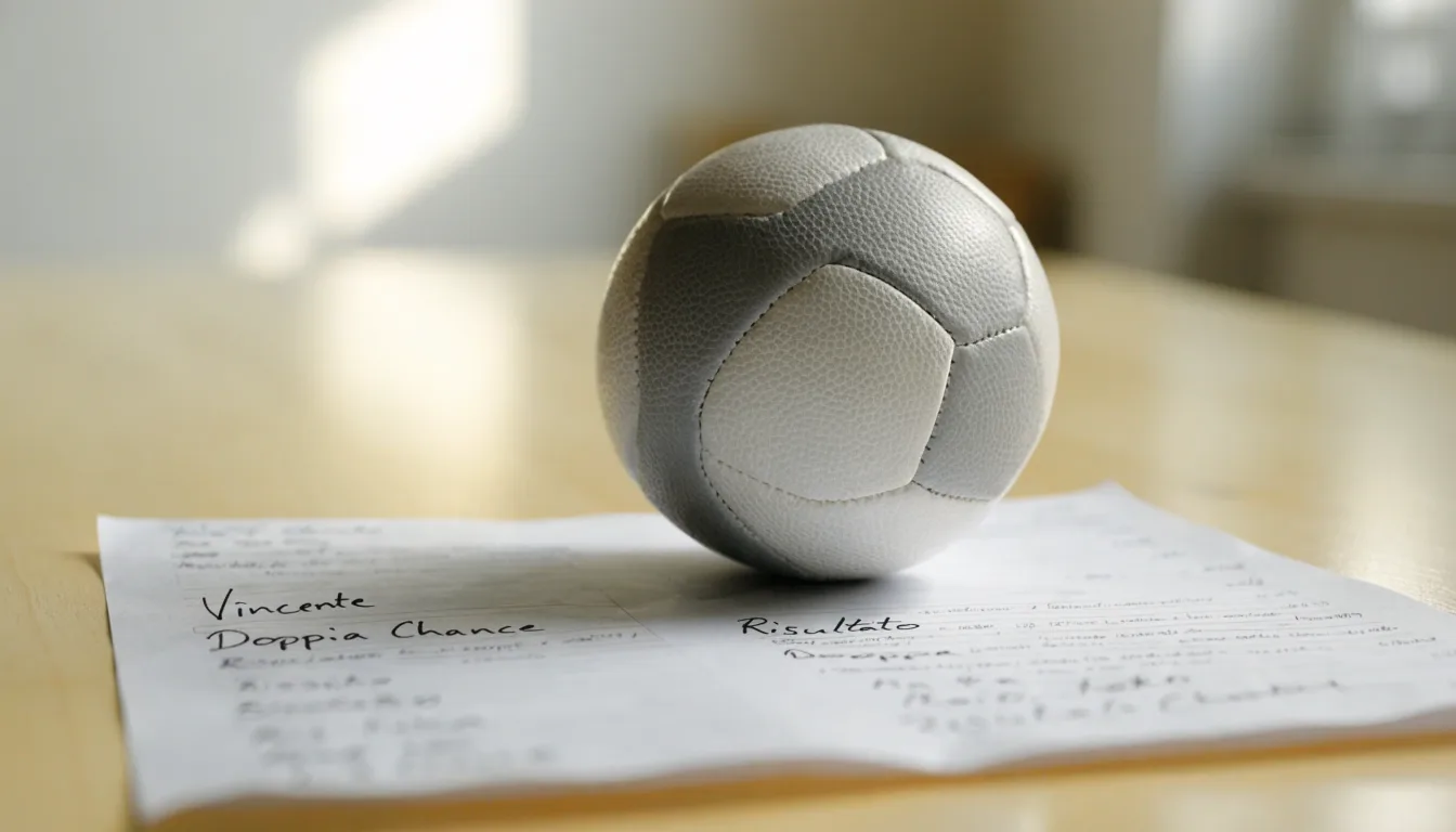 Un pallone da calcio appoggiato su una schedina bianca su un tavolo di legno, alla luce del giorno