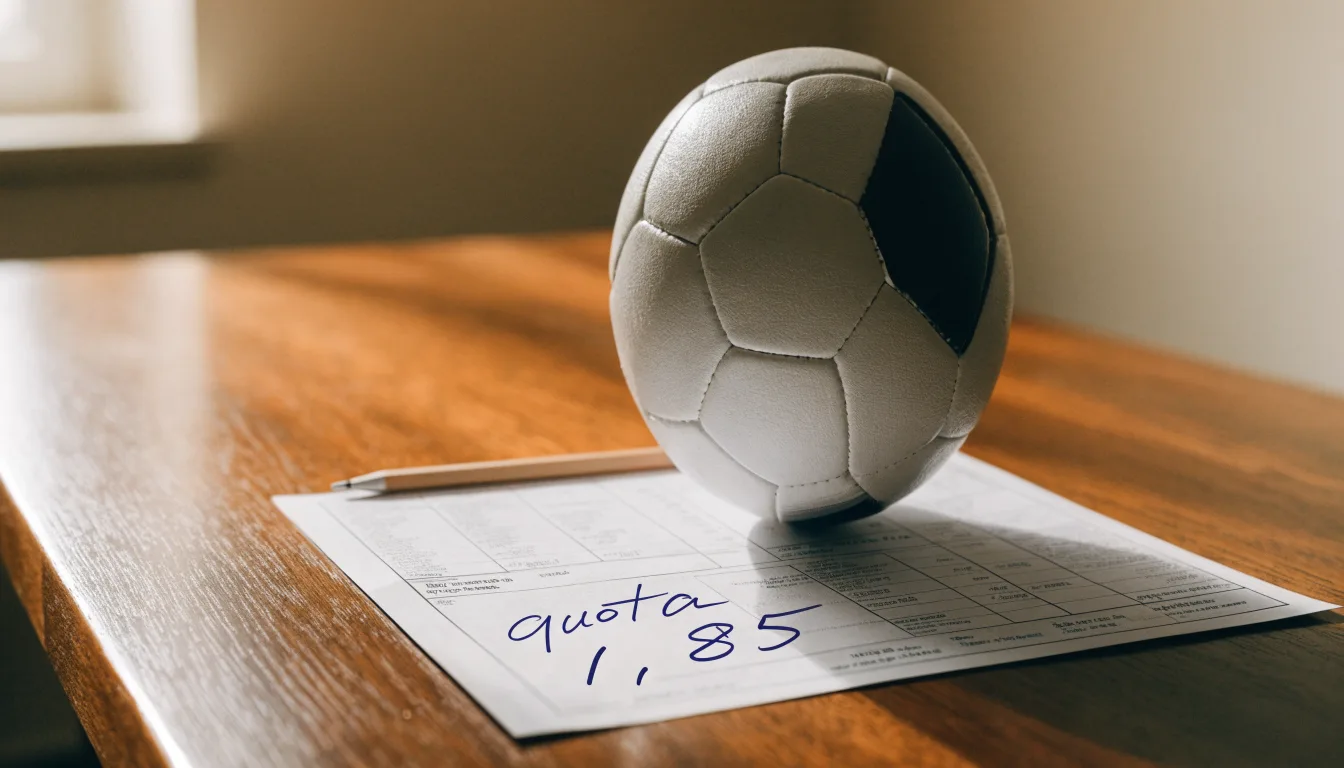 Un pallone da calcio appoggiato su una schedina bianca su un tavolo di legno, alla luce del giorno