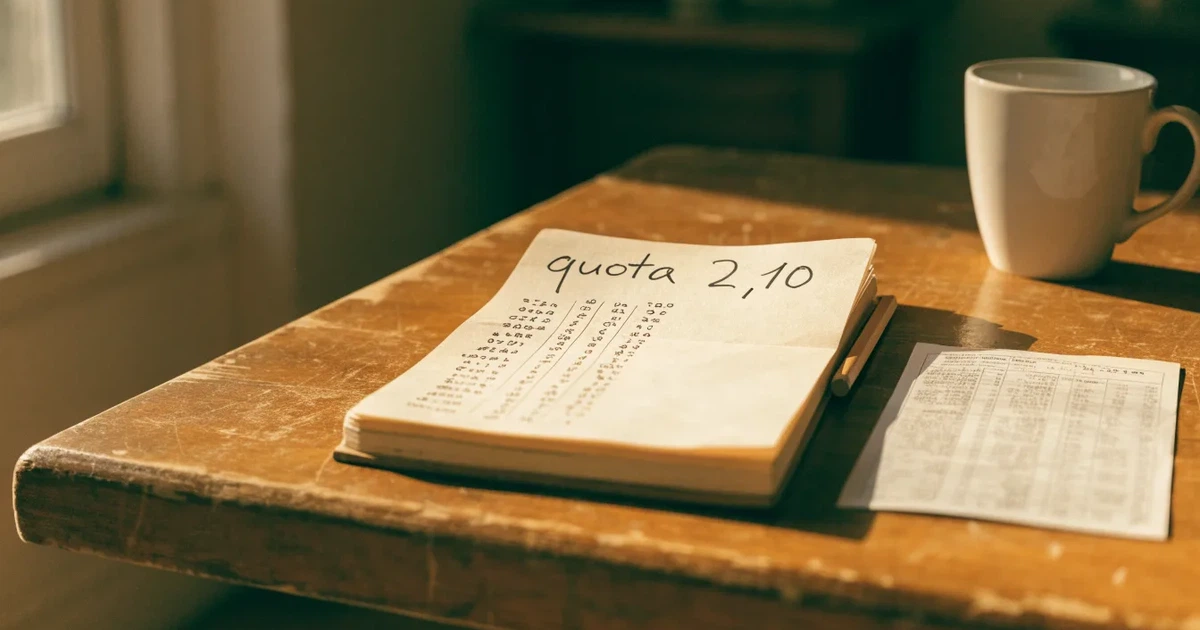 Un quaderno aperto con quote scritte a mano, una calcolatrice e una matita su un tavolo di legno