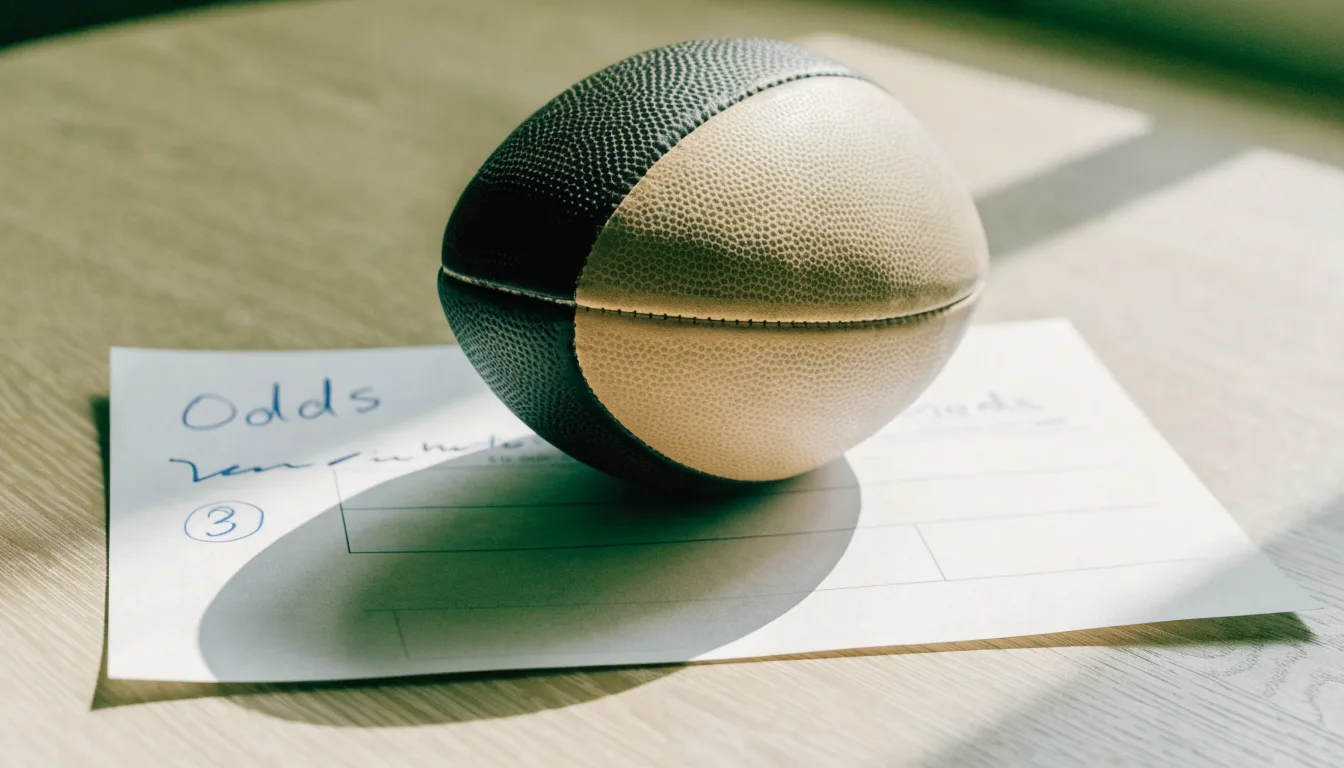 Un pallone da calcio appoggiato su una schedina bianca su un tavolo di legno, alla luce del giorno