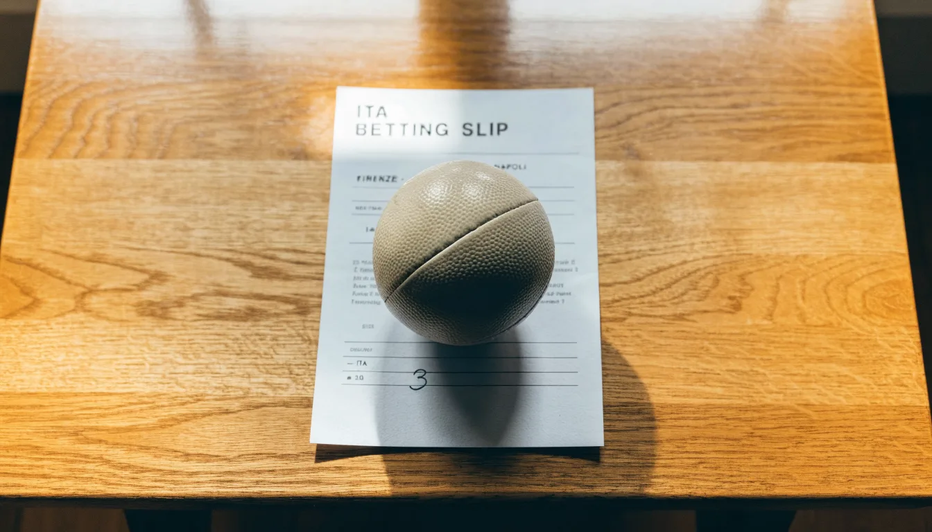 Un pallone da calcio appoggiato su una schedina bianca su un tavolo di legno, alla luce del giorno